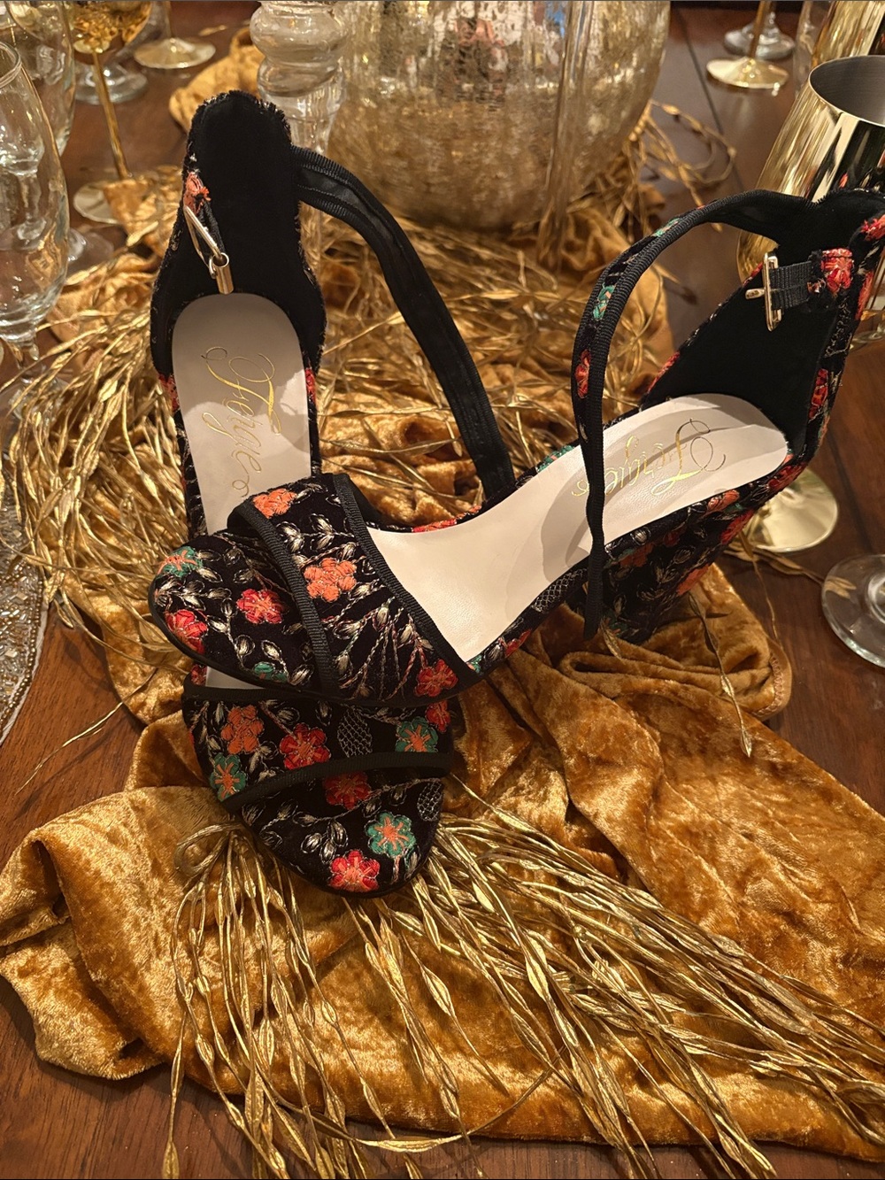 Fergie Black Floral Embroidered Open-Toe Heels